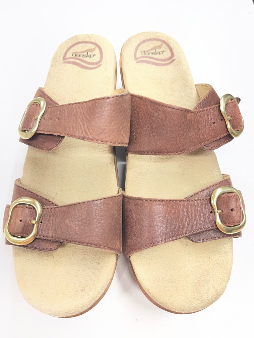 Dansko Brown Leather Double Buckle Slide Sandals with Gold Buckles